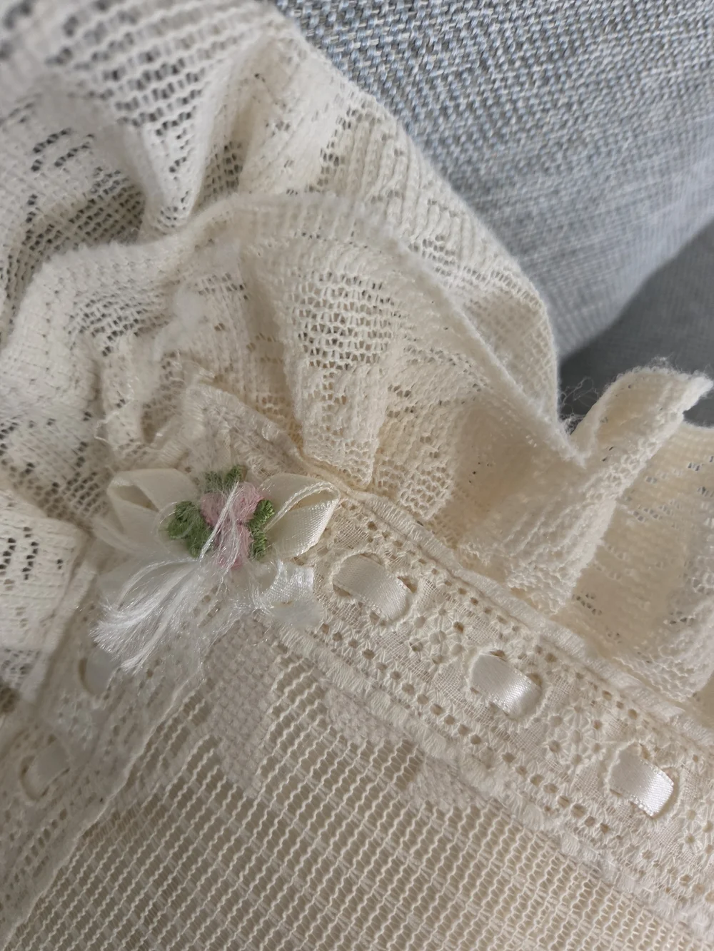 Vintage Cream Lace Decorative Throw Pillow with Ruffle Trim
